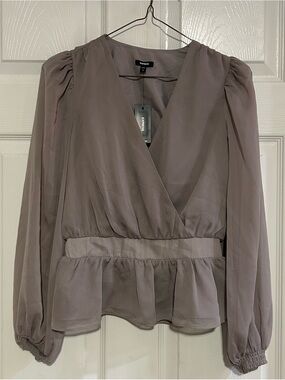 Express Taupe Wrap Peplum Blouse XS NWT
